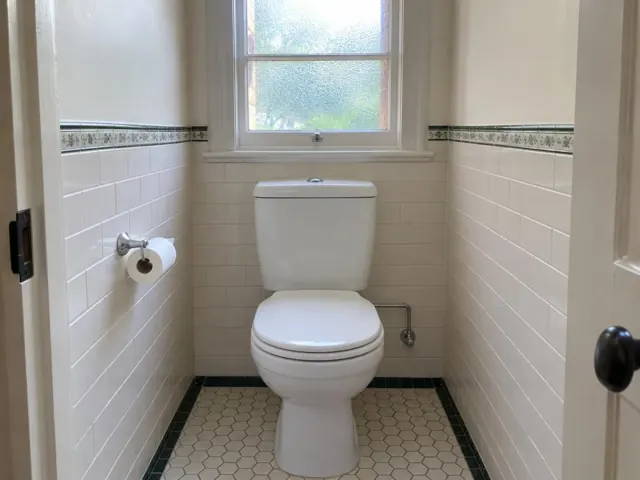 Clean white toilet in a tiled bathroom with a window and toilet roll holder in Normanhurst