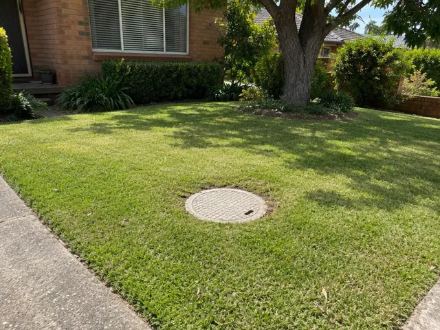 Flush round sewer inspection cover set in a tidy lawn beside a brick house in Carlingford